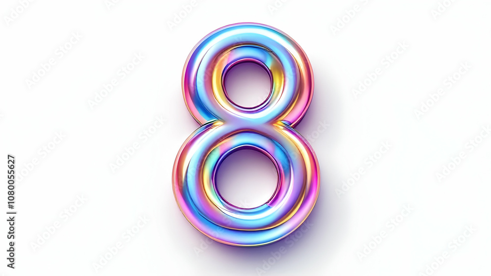 Poster 3d rendered iridescent number eight with reflection on white background