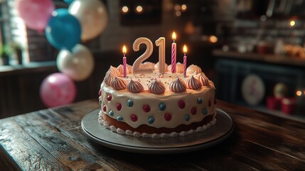 Birthday cake with lit candles for a 21st birthday celebration.