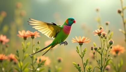 Fototapeta premium Paradise in flight A colorful parrot amidst a vibrant garden