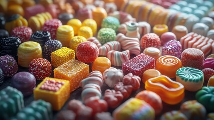 Colorful collection of artisanal candies and sweets in vibrant colors, featuring gummy candies, jellybeans, and sugar-coated treats. Perfect macro shot showcasing confectionery variety and texture