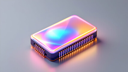 A closeup shot of a colorful, glowing microchip or processor on a grey background. The chip has a holographic finish and goldcolored pins, reflecting an abstract, futuristic design.