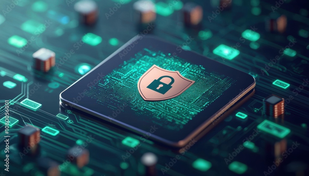 Poster a close-up of a microchip with a digital lock symbol, representing cybersecurity and data protection