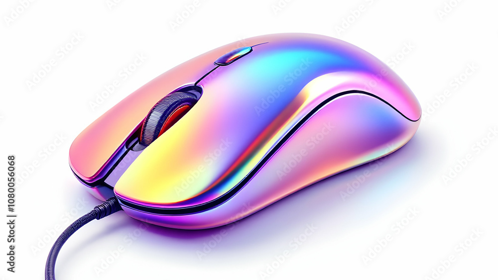 Poster iridescent wired computer mouse on white background