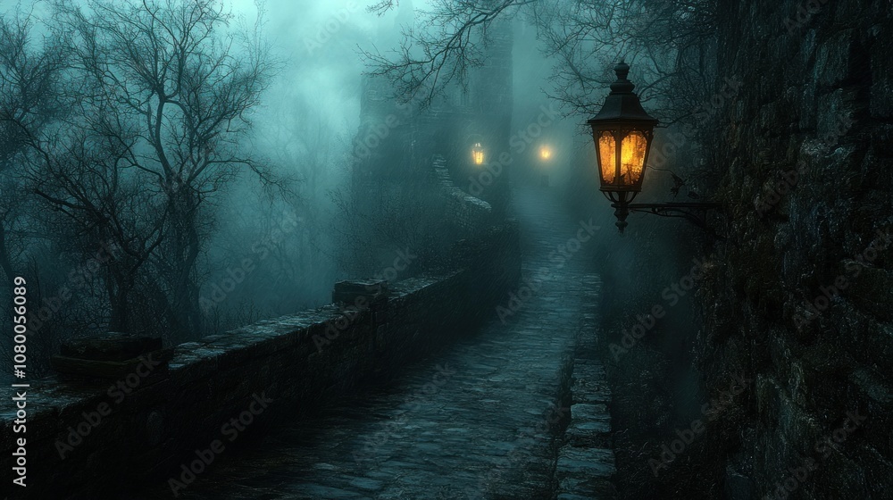 Poster a foggy path illuminated by lanterns in a mysterious environment.