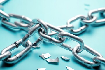 Fototapeta premium Broken Chain on Blue Background for Conceptual Imagery