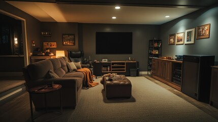 Cozy Home Theater Room with Brown Couch and Recliner
