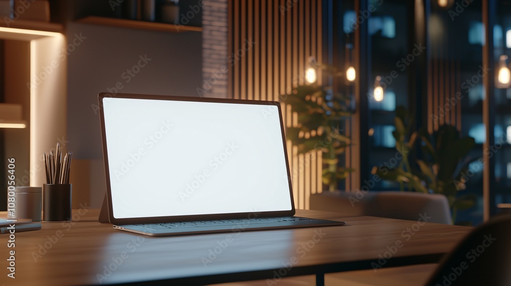 Poster realistic digital template with a laptop screen open on a workspace desk with warm lighting