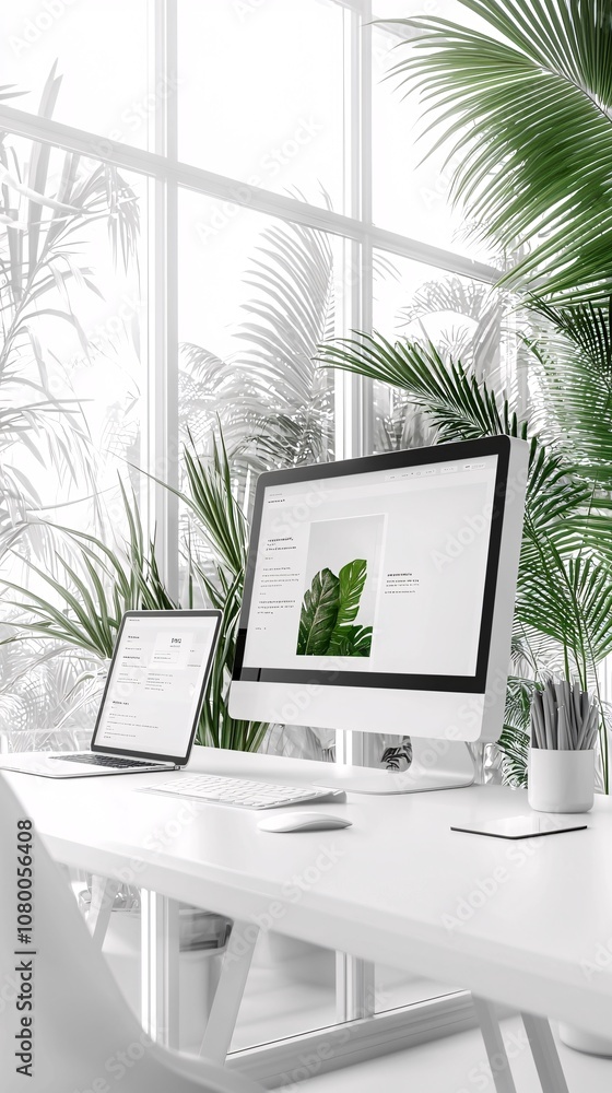 Poster professional portfolio mockup with a computer and tablet side-by-side on a white desk