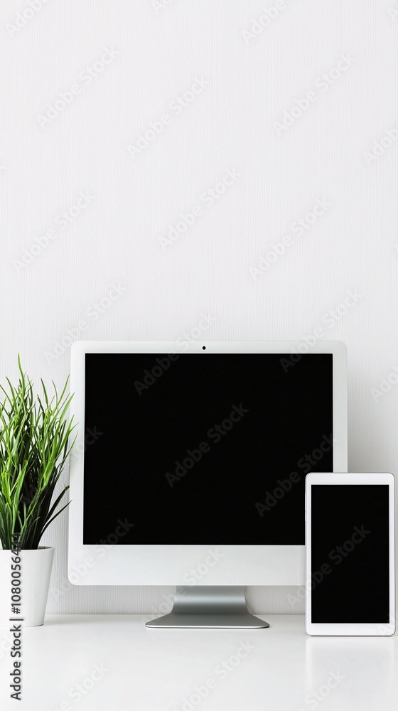 Poster professional portfolio mockup with a computer and tablet side-by-side on a white desk
