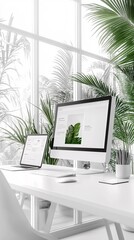 Fototapeta premium Professional portfolio mockup with a computer and tablet side-by-side on a white desk