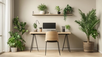 A minimalist office space with a simple desk, modern chair, and houseplants