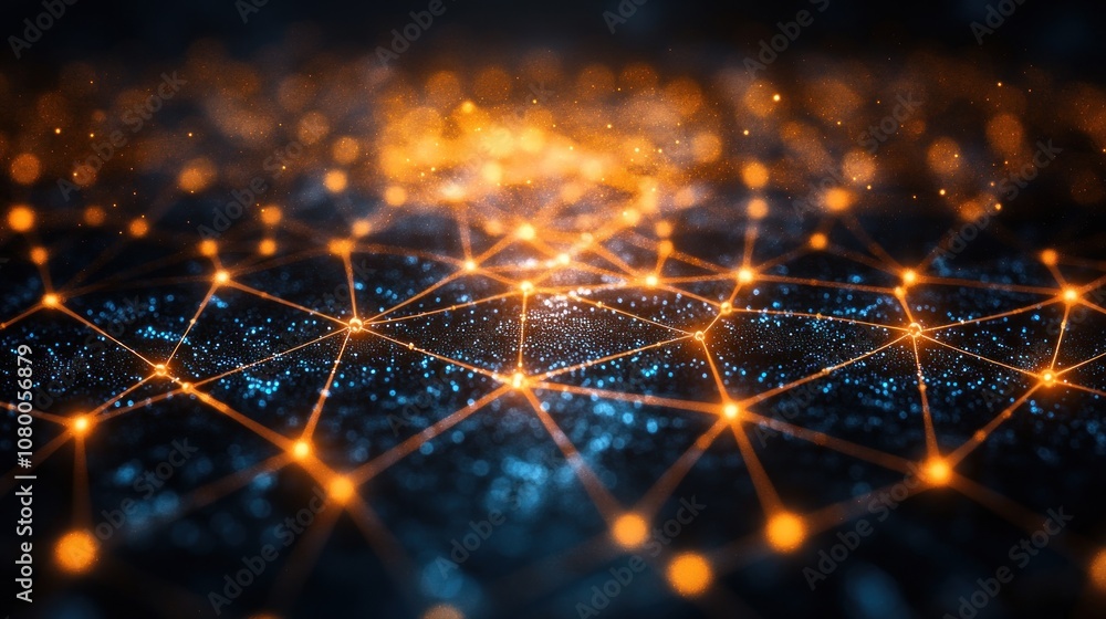Poster abstract digital network with glowing nodes and connections.