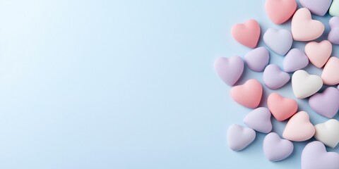 A blue background with a bunch of hearts on it. The hearts are of different colors and sizes