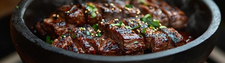 Delicious grilled steak served in a traditional bowl, garnished with herbs, perfect for a mouthwatering culinary experience.