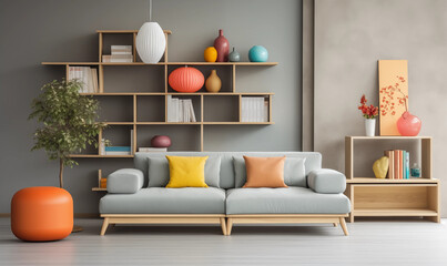 Modern Living Room Interior with Grey Sofa Wooden Shelves and Colorful Decor