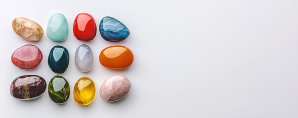 A colorful arrangement of polished stones showcasing various shapes and vibrant colors on a neutral background