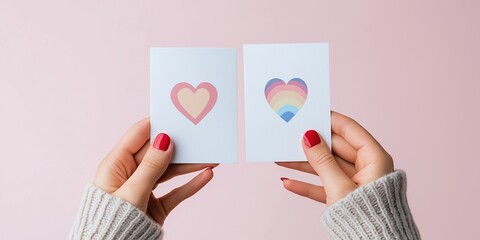 Two people holding up two heart shaped cards with a rainbow on one of them. The cards are pink and blue