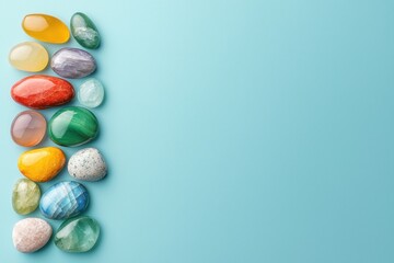 Obraz premium A vibrant collection of polished gemstones arranged on a soft blue background, showcasing a variety of colors and shapes