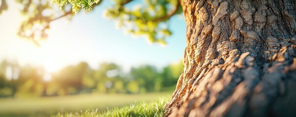 Obraz premium Close-up of a tree trunk with sunlight filtering through leaves.