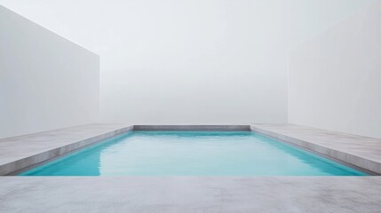 A minimalist swimming pool with still blue water, surrounded by light gray concrete