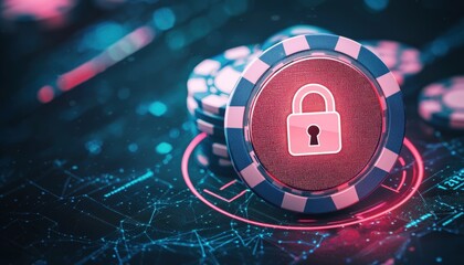 A digital security concept featuring a casino chip with a padlock symbol, representing online gambling safety and privacy.