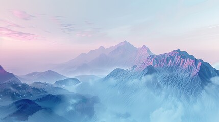 Fototapeta premium Mountain views at dawn, with soft blues and lavender, misty valleys and a peaceful and calming atmosphere.