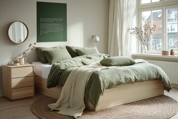 Modern bedroom interior with green and white decor, large bed near window, wooden furniture, and a mirror on the wall