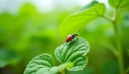 Fototapeta premium A tiny red and black beetle on a green leaf