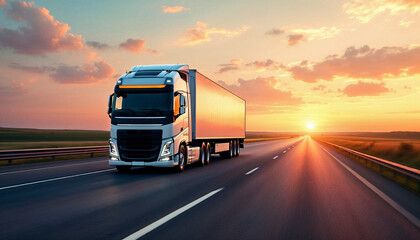 A sleek white trailer truck on an empty highway at sunset, conveying motion and freedom.