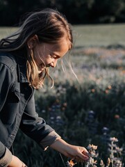Joyful child exploring a wildflower meadow on a sunny day
