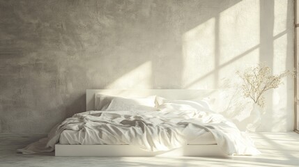 A minimalist white bed with a platform frame and neutral linens, set against a textured wall. 