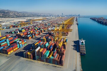 Obraz premium An aerial view of an international port with many colorful shipping containers.