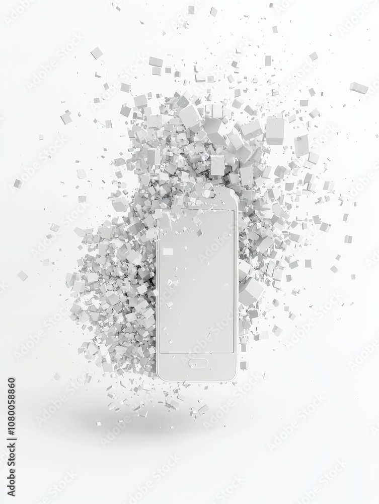 Poster white opaque 3d image: cellphone dissolving into big pixels