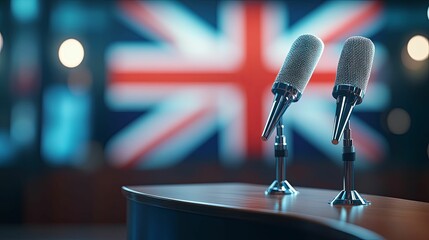 Two Microphones on a Podium with a Blurred Union Jack Flag in the Background