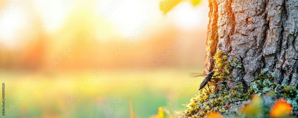 Poster sunlit tree trunk with soft bokeh background in natural setting, peaceful atmosphere.