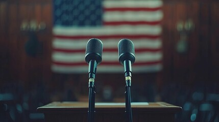 Two Microphones on a Wooden Table in Front of a Blurred American Flag