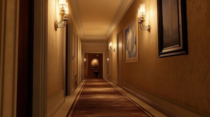 A dimly lit hallway with wood paneling, golden light fixtures, and a framed painting.