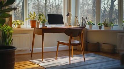 A minimalist writing desk with clean lines, set in a light-filled home office