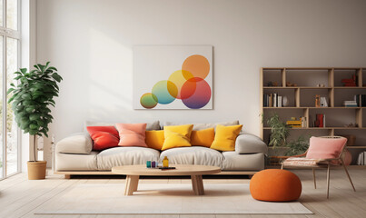 Modern Living Room Interior Design with White Sofa Wooden Coffee Table and Colorful Abstract Art
