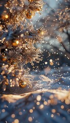 Enchanting christmas scene with golden ornaments, sparkling snow, and a festive message space