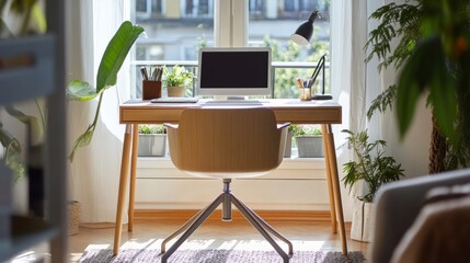 A minimalist writing desk with clean lines, set in a light-filled home office