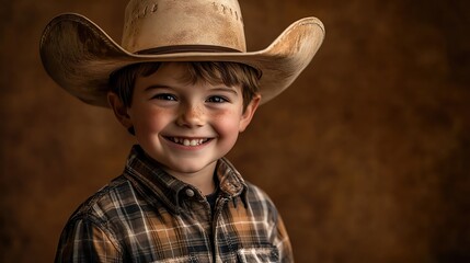 Boy in a cowboy hat and plaid shirt, big smile, brown backdrop, western fun