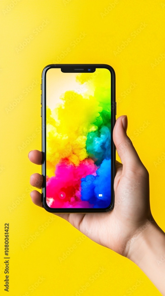 Poster advertising mockup template of a smartphone in hand, displaying a colorful app preview with vibrant 