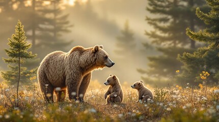 Obraz premium Majestic mother bear with her cubs in a sunlit forest clearing