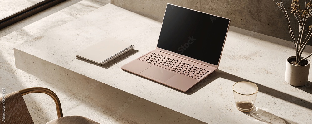 Poster modern graphic template mockup of a flat-lay workspace with a laptop and blank notebook for product 