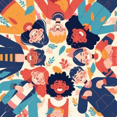 Fototapeta na wymiar A group of children happily gathered together, looking down, cartoon illustration