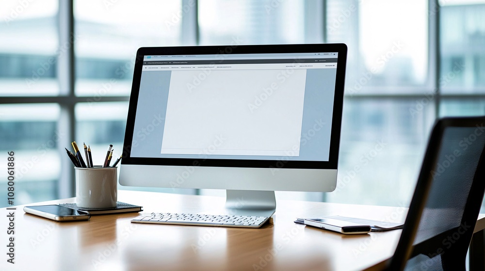 Poster realistic digital mockup template showcasing a website preview on a desktop screen with blurred work
