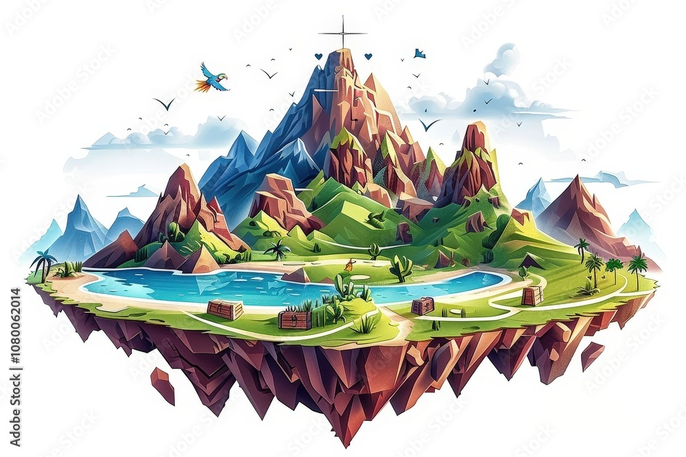 Poster a mountain range with a small island in the middle of it