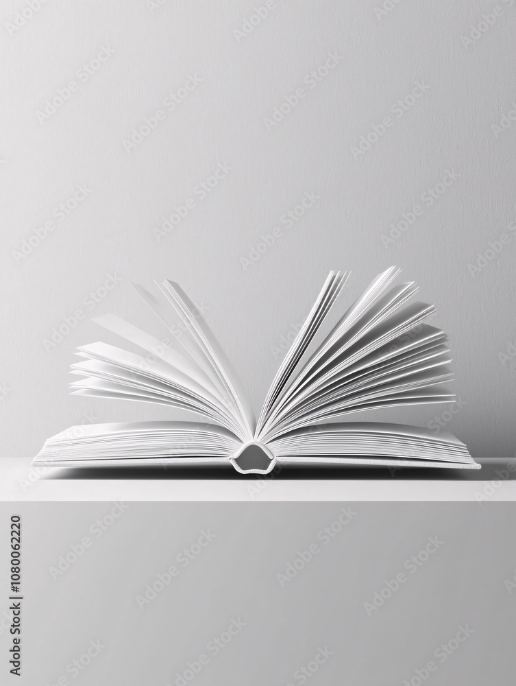Poster clean and modern graphic template of an open book on a monochromatic table, ideal for editorial disp