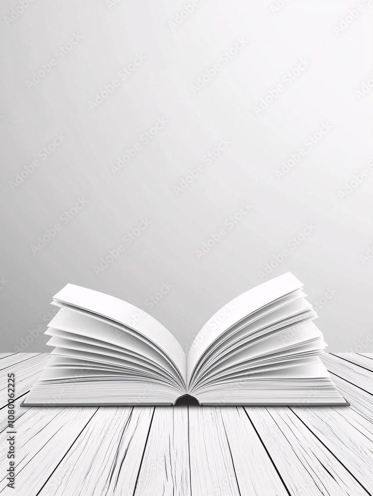 Poster clean and modern graphic template of an open book on a monochromatic table, ideal for editorial disp